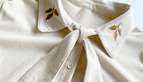 Leafy Corduroy Tie-Neck Blouse