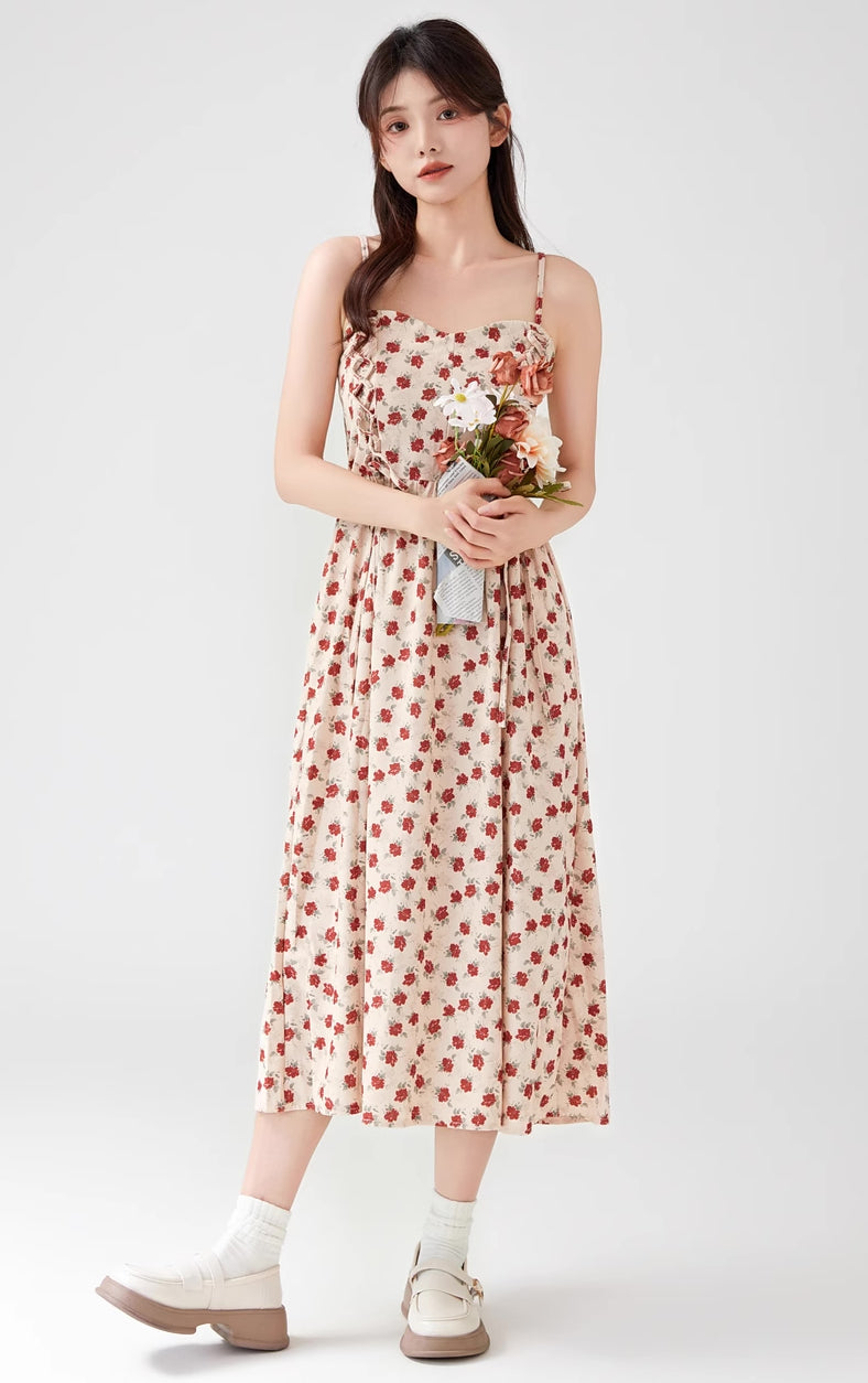 Vestido midi de tirantes con encaje floral