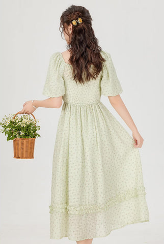 Minty Floral Puff Sleeve Midi Dress