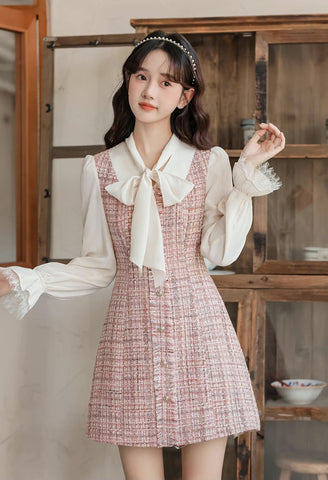 Tie Neck Tweed Mini Shift Dress