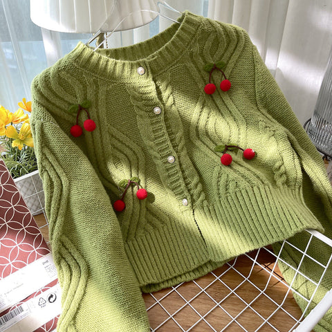 Cherry Pom Pom Cropped Cardigan