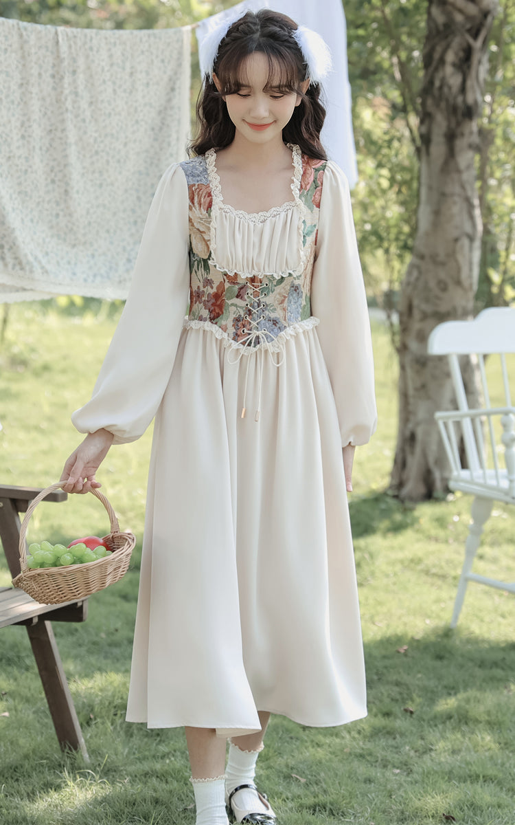 Vestido corsé de jacquard con tapiz floral