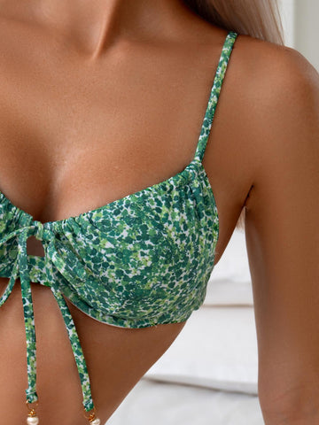 Lace Up Floral Print Strap Bikini Set