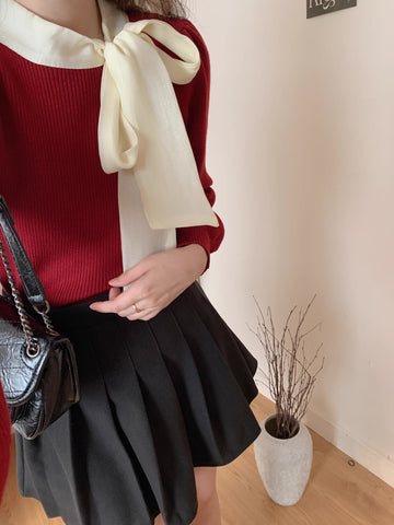Pullover mit Puffärmeln und Bindekragen