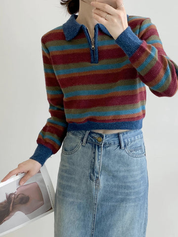 Autumn Vintage Stripe Polo Sweater