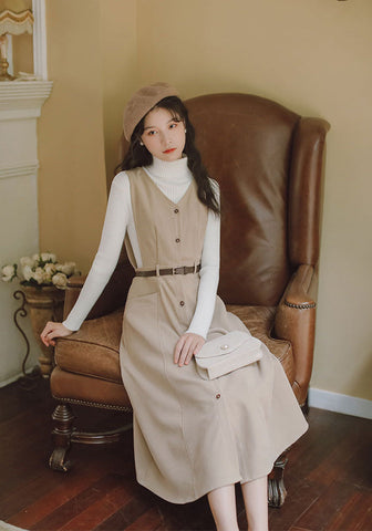 Button Up Suede Pinafore Dress