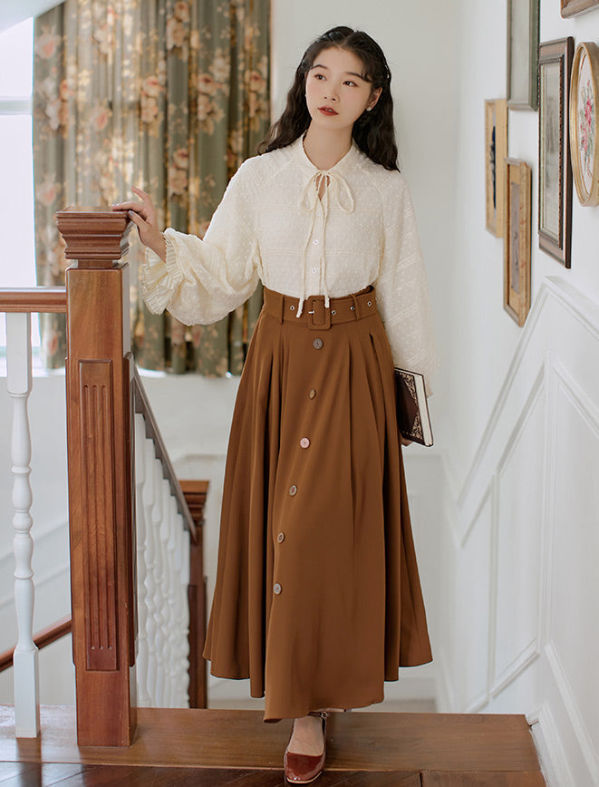 Classic Belted Button Midi Skirt