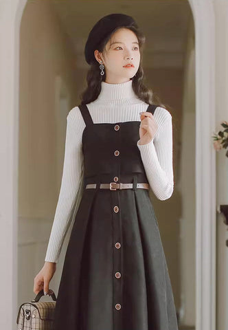 Suede Button Up Cami Pinafore Dress