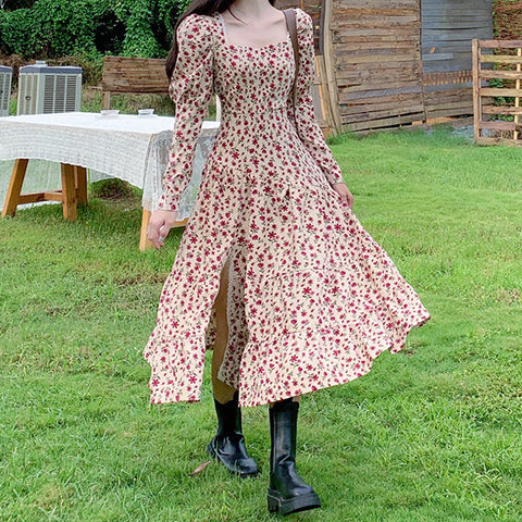 Vestido midi de pana con estampado floral