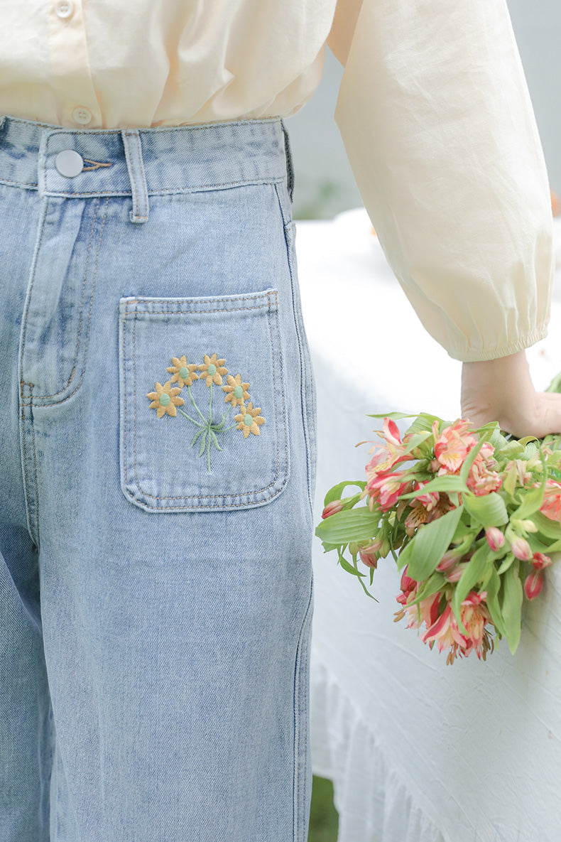 Embroidered Sunflower Pocket Jeans