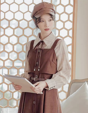 Suede Button Up Cami Pinafore Dress Set