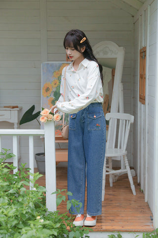 Embroidered Button Pocket Jeans