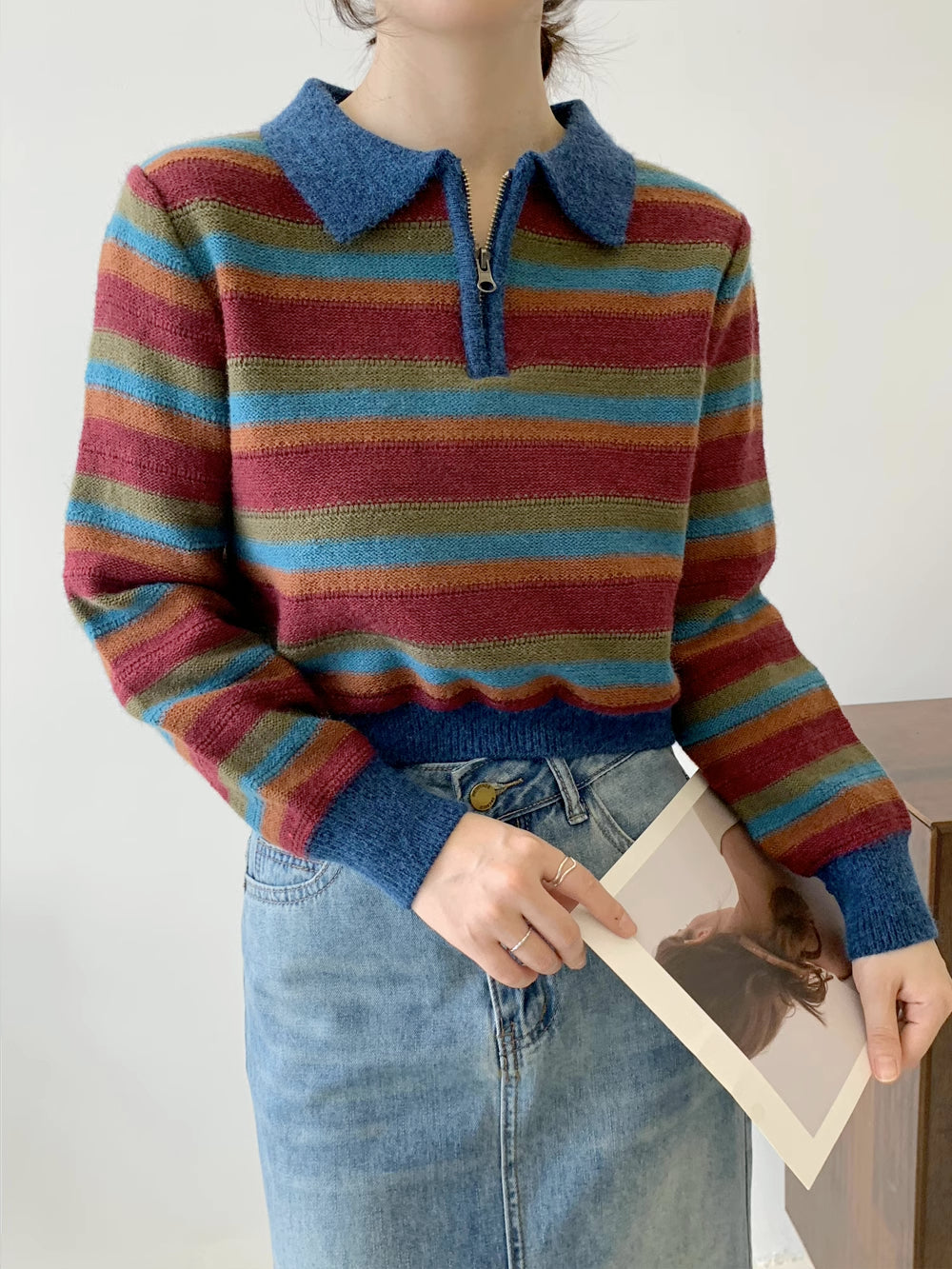 Autumn Vintage Stripe Polo Sweater