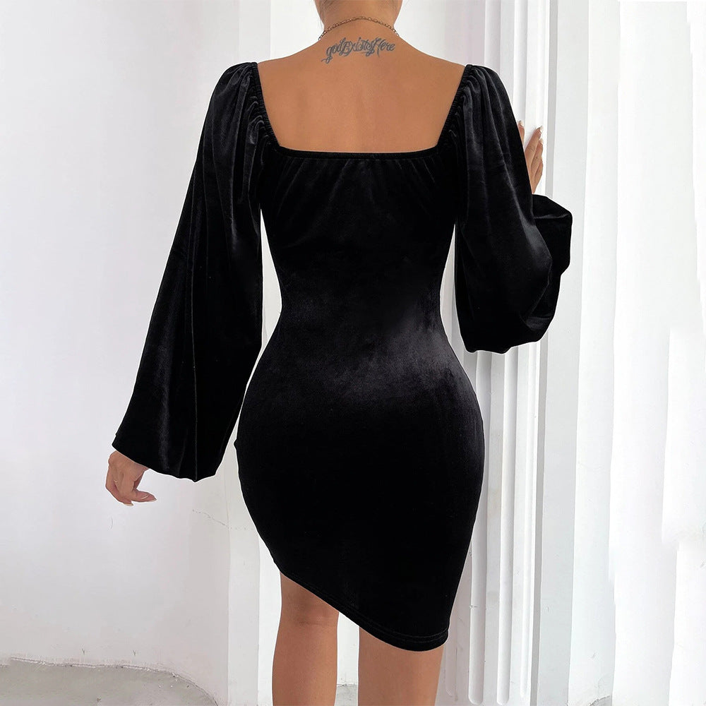 Vintage Puff Sleeve Square Neck Velvet Party Mini Dress - Black