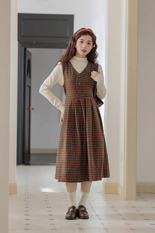 Fallen Leaves Plaid Pinafore Dress Set