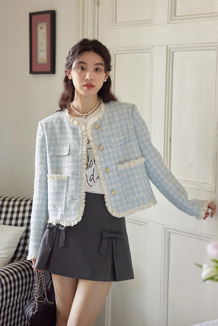 Chaqueta de tweed con ribete de encaje de cuadros vichy