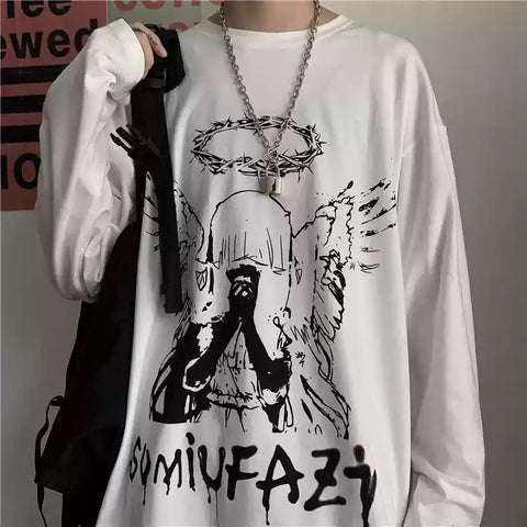 Camiseta gráfica negra de manga larga para hombre