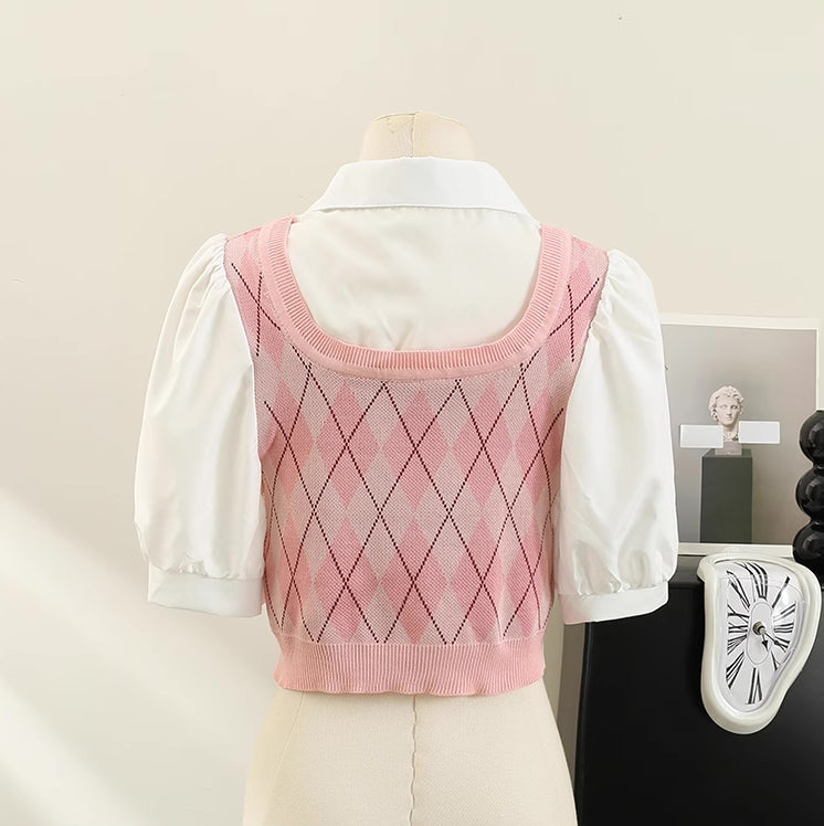 Kurze Bluse mit Argyle-Karomuster