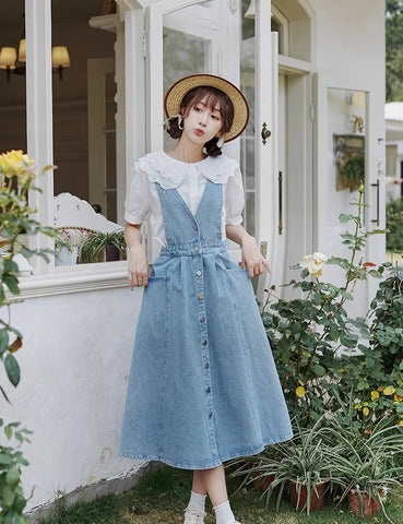 Button Denim Midi Pinafore Dress