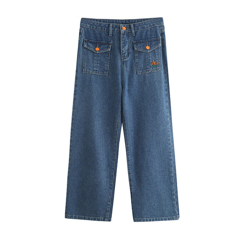 Embroidered Button Pocket Jeans