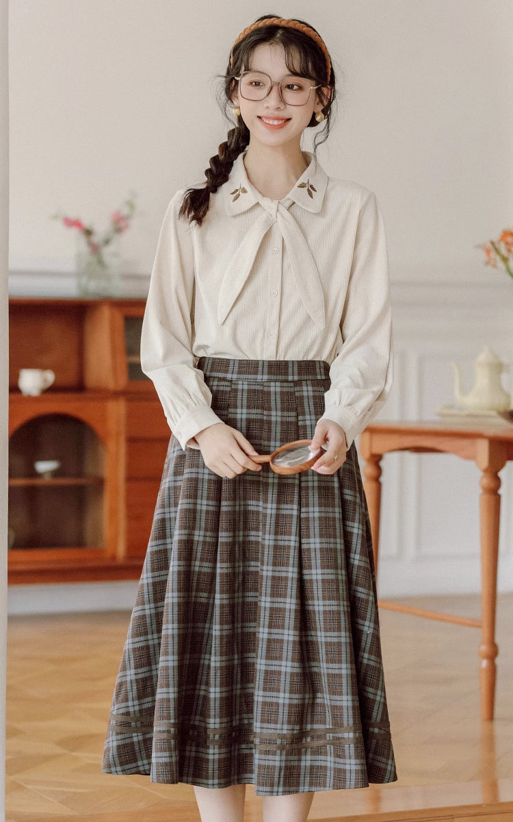 Leafy Corduroy Tie-Neck Blouse