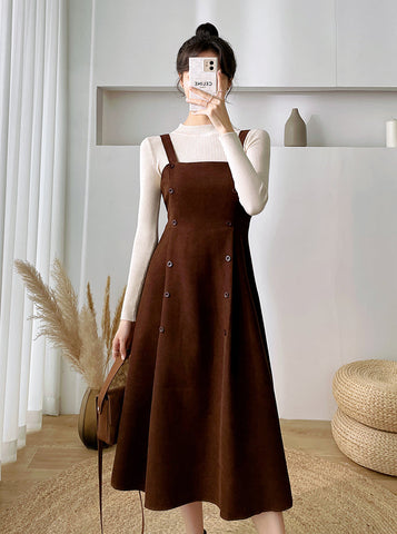 Corduroy Suede Double Button Cami Dress