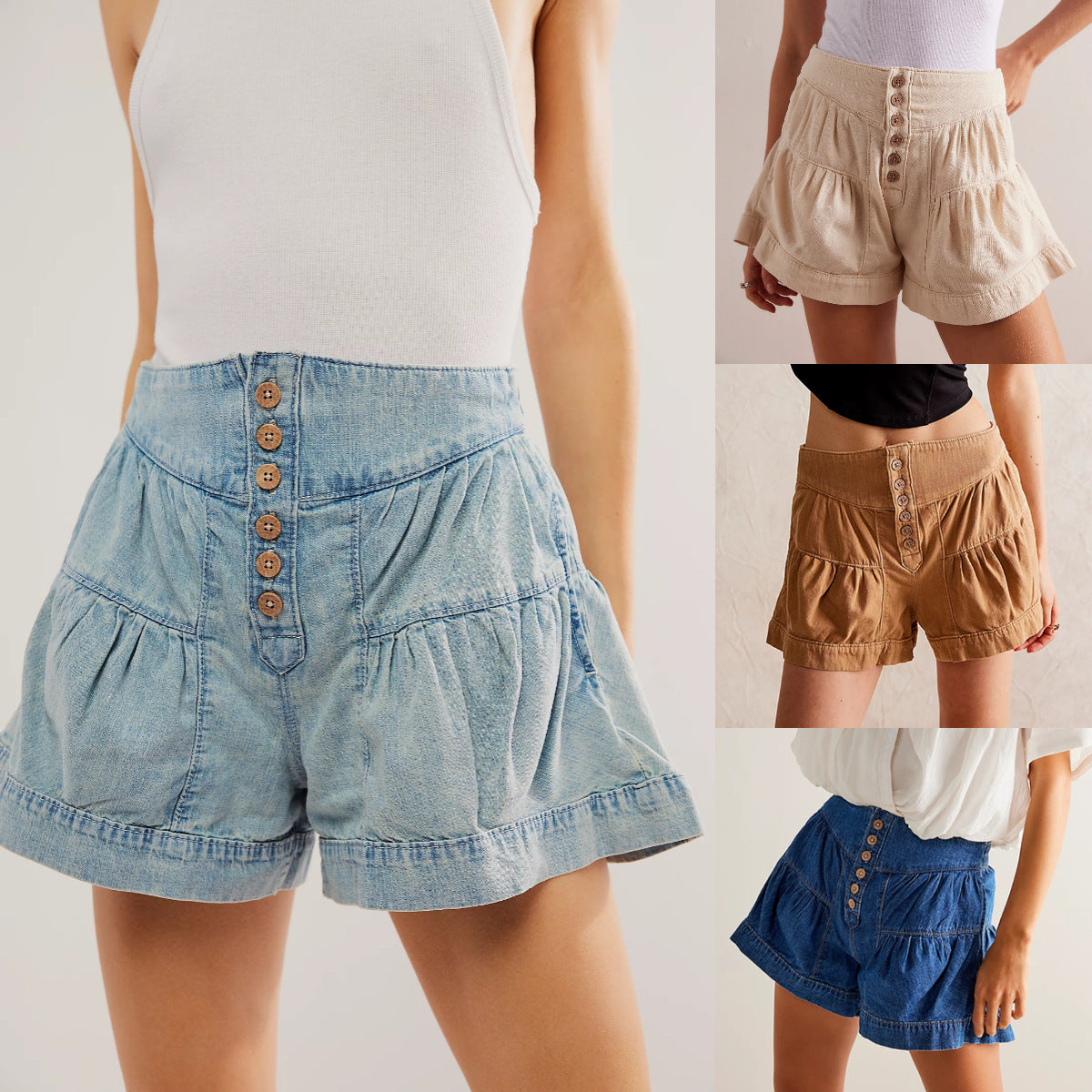 Ruffle Denim Shorts Casual Elastic Pocket Shorts