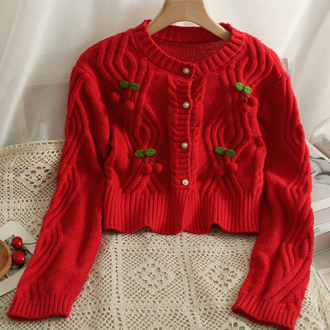 Cherry Pom Pom Cropped Cardigan