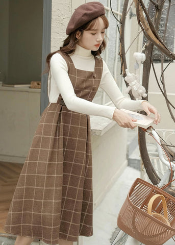 Belted Plaid Pinafore Dress