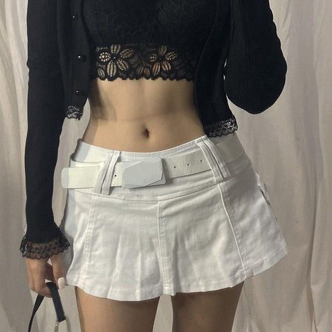 Voguable Harajuku Y2k Denim Skirt Dark Gothic Streetwear Mini Skirt with Skull Belt Mall Goth Punk Grunge Emo Clubwear