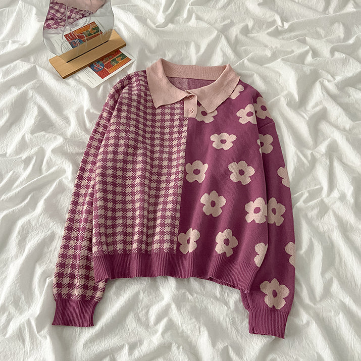 Suéter polo con estampado de margaritas y cuadros vichy