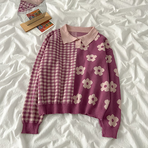 Suéter polo con estampado de margaritas y cuadros vichy