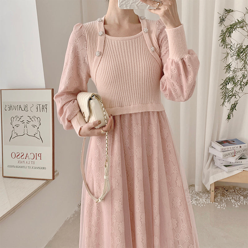Vestido de suéter de punto con encaje