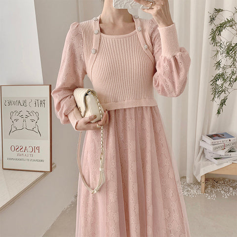 Vestido de suéter de punto con encaje