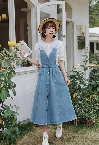 Button Denim Midi Pinafore Dress
