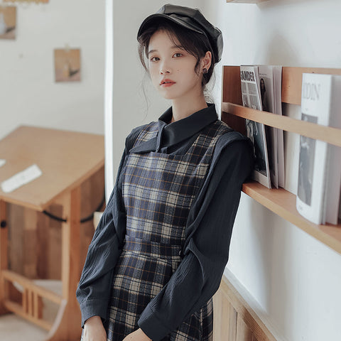 Crepe Plaid Pinafore Dress Set