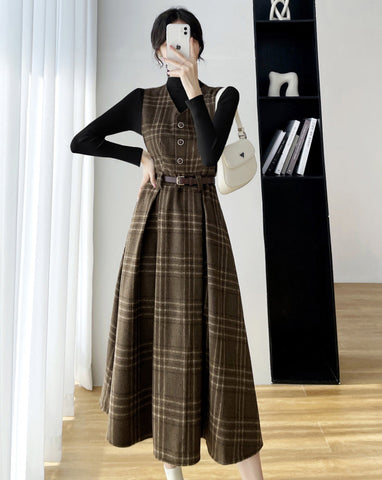 Coffee Plaid Midi Pinafore Dress