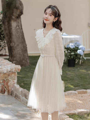 Midikleid aus Spitze und Tüll mit V-Ausschnitt