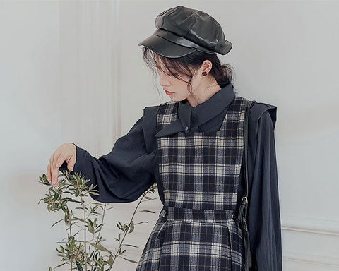 Crepe Plaid Pinafore Dress Set