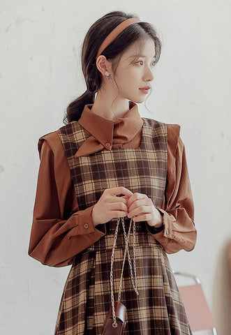 Crepe Plaid Pinafore Dress Set