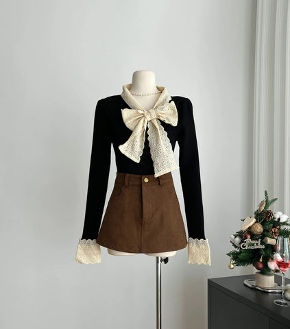 Lace Trim Tie Neck Sweater