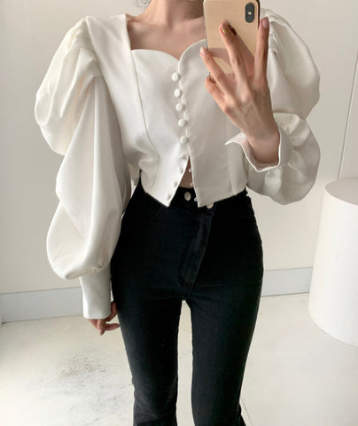 Puff Sleeve Sweetheart Button Up Blouse