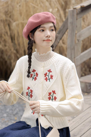 Ditsy Floral Embroidered Round Neck Cardigan