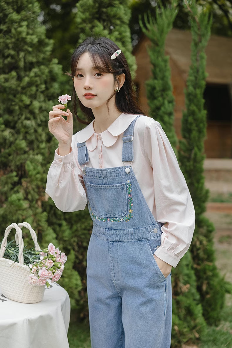 Retro Floral Embroidered Denim Overalls