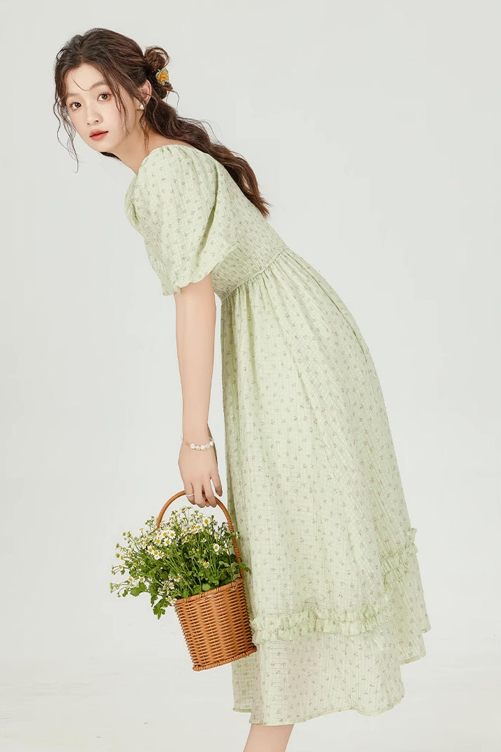 Minty Floral Puff Sleeve Midi Dress