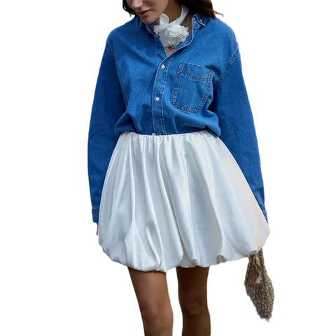 Pleated fluffy satin high waist skirt