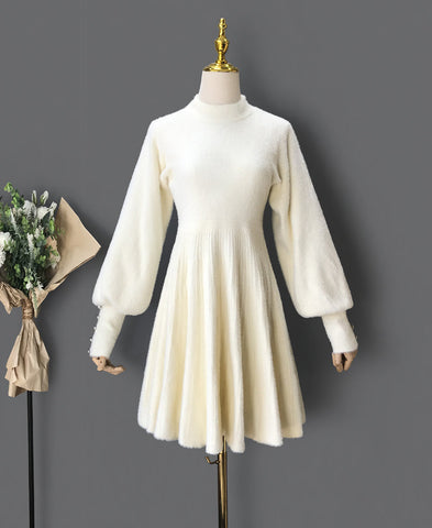 Fuzzy Puff Sleeve Sweater Dress