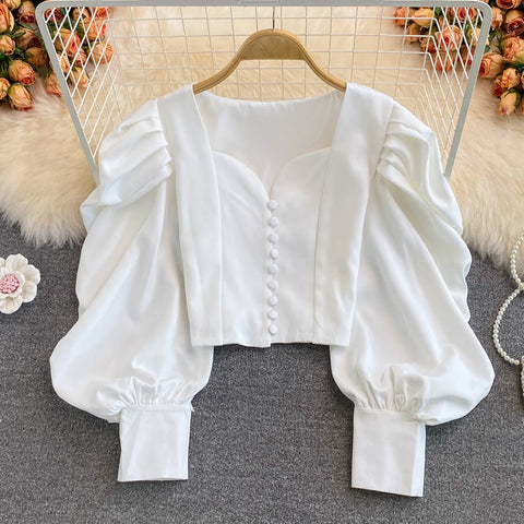 Puff Sleeve Sweetheart Button Up Blouse