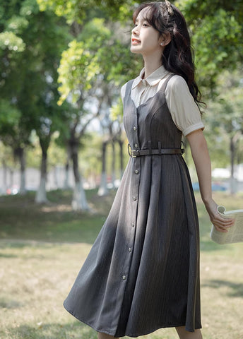 Vestido camisola festoneado con botones y raya diplomática