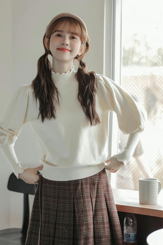Scallop Trim Puff Sleeve Sweater